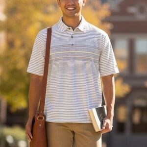 New GREG NORMAN Play Dry Performance Polo Shirt White Stripe Lake Tahoe Resort L